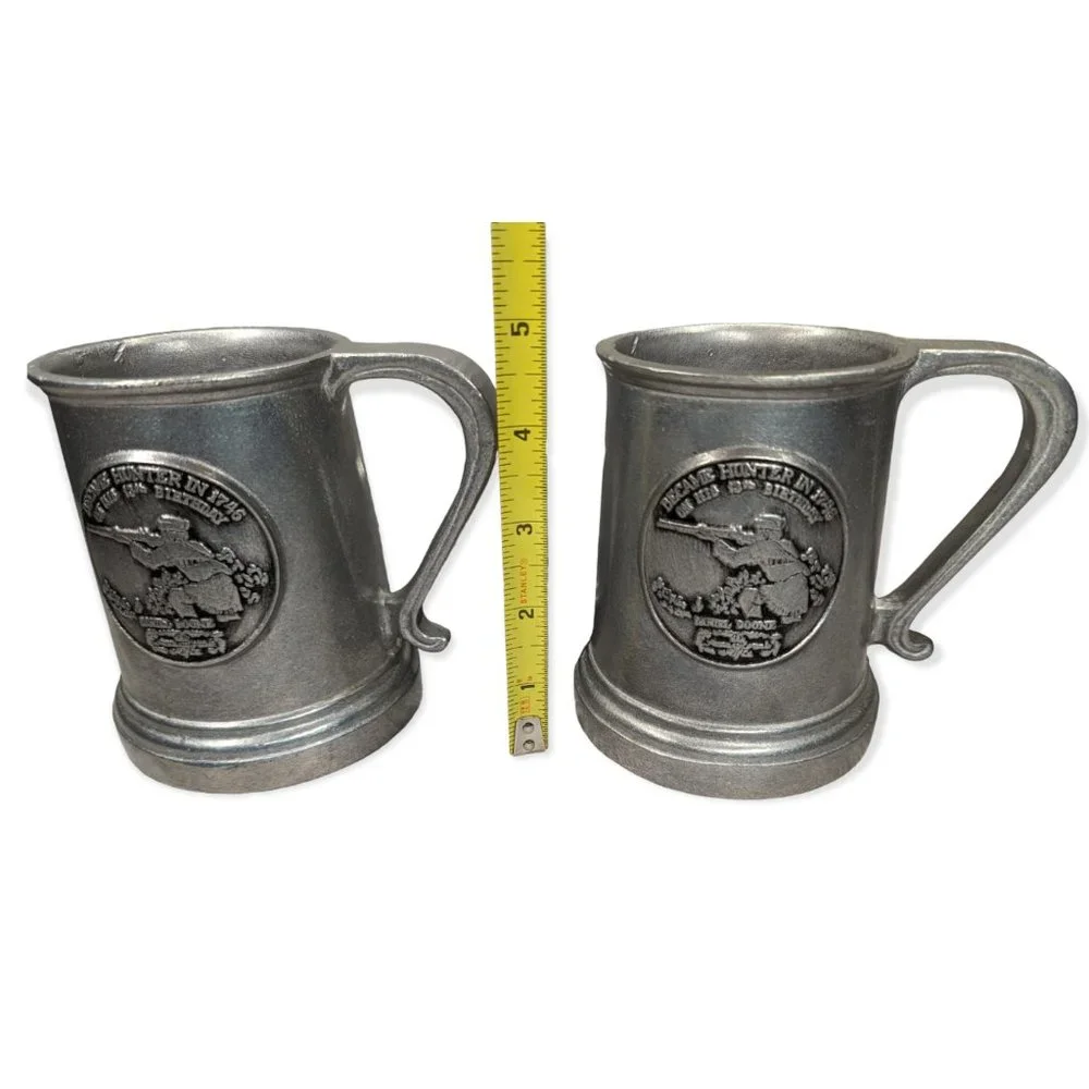 Vintage Pewter Plate & Mugs Featuring Daniel Boone & The Pennsylvania Rifle
